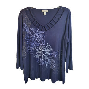 Dana Buchman Navy Blue Floral Cut Out Long Sleeve Casual Top Women's Size 2XL